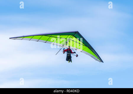 Man Drachenfliegen im Herbst mit blauem Himmel, auf der Suche nach einem Platz auf der South Downs in East Sussex, England, UK zu landen. Stockfoto