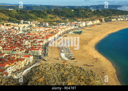 Möwe mit Seascape Beach Waterfront von beliebten Aussichtspunkt Miradouro do Suberco in Nazare Sitio, Zentralportugal, Europa. Freiheit und Travel Concept. Stockfoto