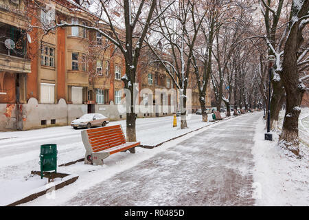 Uschhorod, Ukraine - Jan 05, 2016: Linden Allee im Winter. Alte czechlova Architektur auf der nezalezhnosti Damm Stockfoto