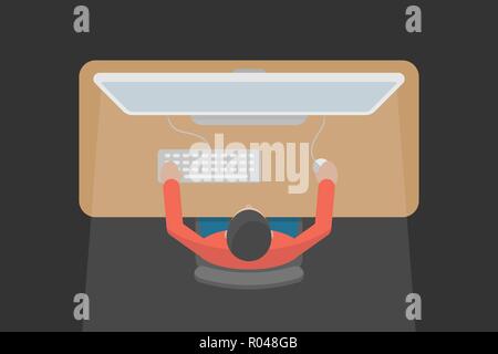 Der Mensch ist der Arbeit am Computer zuhause. Ansicht von oben. Flache Vektor-illustration, eps 10. Stock Vektor