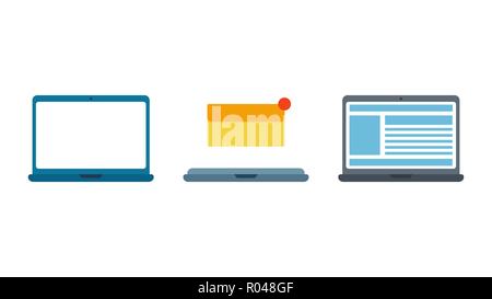 Stellen Sie Laptops. Mail Umschlag. Benachrichtigung". Konzept der Text auf dem Monitor. Isolation auf einem weißen Hintergrund. Flache Vektor-illustration, eps 10. Stock Vektor