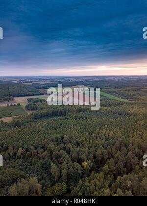 Schönen Sonnenuntergang mit seltsamen Wolken über den Wald. Drone Landschaft. Stockfoto