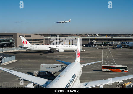 Tokio, Japan, Japan Airlines Flugzeuge am Flughafen Narita Stockfoto