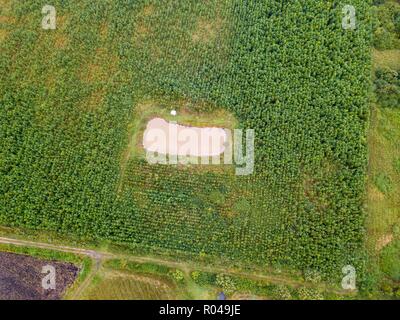 Kleinen Teich und Camping auf Felder. Von oben nach unten drone Landschaft. Stockfoto