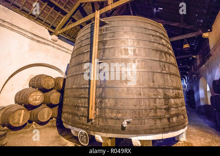 Porto, Portugal - 13. August 2017: Keller mit traditionellen großen hölzernen Weinfässern. Ferreira Weingut in Vila Nova de Gaia, eine der beliebtesten Weinproben. Vila Nova berühmt für seinen Kellern ist Stockfoto