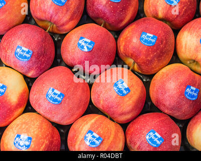 Zusammensetzung mit frischen Äpfeln 'Fuji' Vielfalt am Markt. Marlene, geboren 1995, ist einer der ersten und berühmtesten Marken der Apple Land Südtirol Stockfoto