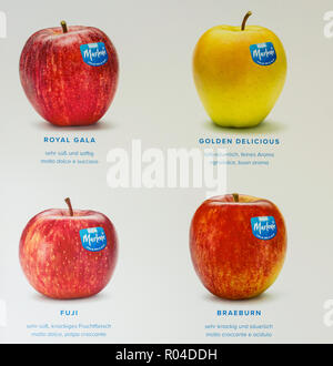 Äpfel Sorte 'Melinda' auf weißem Hintergrund mit der Beschreibung Der Name der Apple isoliert. Apple Land Südtirol. Orchard Markt Stockfoto
