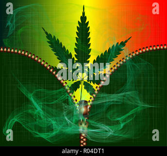 Ein Cannabis leaf Hintergrund mit offenem Reißverschluss vorne, und Schichten der grünen Rauch Stockfoto