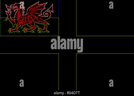 Die Flagge von Saint David, ein schwarzer und Neon Hintergrund mit einem gelben Kreuz mit dem Welsh dragon Inset. Stockfoto