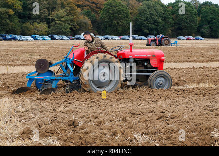 Classic-Traktoren zu einem Pflügen Gleichen während der 2018 Skeyton Trosh Ereignis in Norfolk. Stockfoto