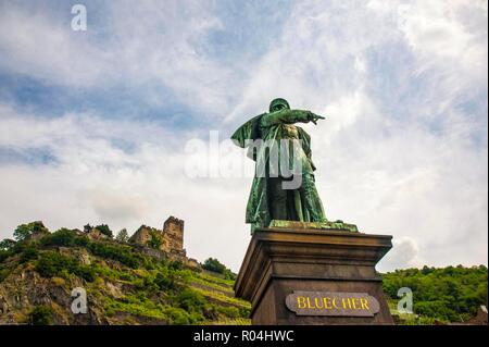 Deutschland, KAUB, Statue von allgemeinen Bluecher, den zugefrorenen Rhein in Kaub mit seiner Armee im Januar 1814 gekreuzt Napolen zurück zu schieben, Stockfoto