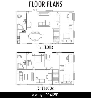 Den Plan für die Architektur mit Möbeln. Haus der ersten und zweiten Etage Plan, auf weißem Hintergrund, Vektor Illustration. Stock Vektor