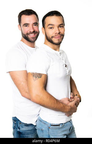 Junge Homosexuelle Homosexuelles Paar lieben einander auf einem weißen Hintergrund. Stockfoto