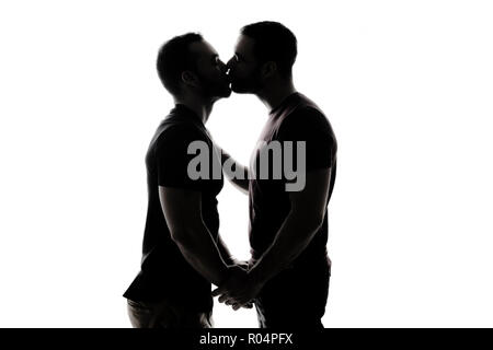 Junge homosexuelle Schatten Paar lieben einander auf einem weißen Hintergrund. Stockfoto