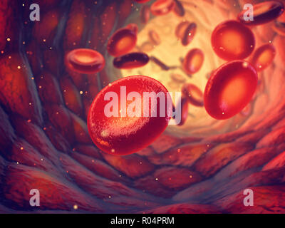 Rote Blutzellen tragen Sauerstoff zu allen Körpergeweben, Erythrozyten Hintergrund, 3D-Darstellung Stockfoto