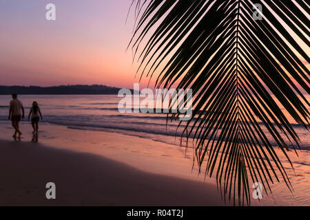 Tropischen Sonnenuntergang über Palm Tree mit paar Silhouette zu Fuß auf den Sand am Khlong Chao Beach in Ko Kood Island, Thailand Stockfoto