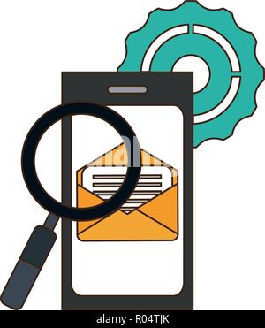 Lupe e-Mails aus über Zahnräder Vector Illustration grafik design Smartphone Stock Vektor