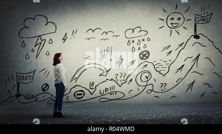 Geschäftsfrau beginnt ein Leben Suche mit Hindernissen auf der Wand gezeichnet. Selbst überwinden klettern Berg mit Höhen und Tiefen für das Erreichen der Ziele. Schwer Roa Stockfoto