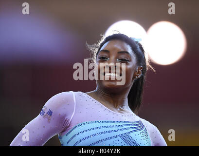 Doha, Katar. 01 Nov, 2018. Simone Biles (USA) am Boden. GES/Turnen/Gymnastik Weltmeisterschaften in Doha, multi-bekämpfung Endrunden, 01.11.2018 - GES/Turnen/Gymnastik-WM: 01.11.2018 - | Verwendung der weltweiten Kredit: dpa/Alamy leben Nachrichten Stockfoto