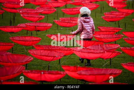 01. November 2018, Bayern, München: ein Mädchen Spaziergänge zwischen zahlreichen riesigen Mohn der Kunstinstallation "Nie wieder" auf dem Königsplatz in München. Die Aktion Künstler Kuhn will bis zu 3000 riesige Mohnblumen im Rahmen seiner Aktion am Ende des ersten Weltkrieges vor 100 Jahren gesetzt, bis 11.11.3000. Foto: Matthias Balk/dpa Stockfoto