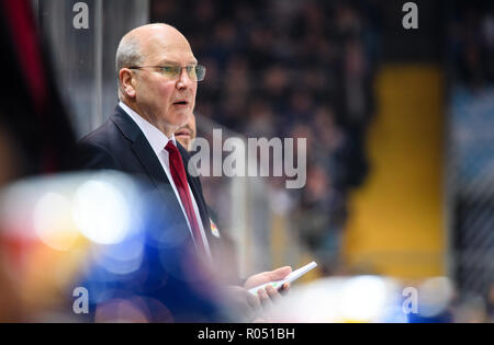 01. November 2018, Bayern, München: Eishockey: DEL, EHC Red Bull München - Eisbären Berlin, Hauptrunde, 16. Spieltag in der Olympic Sports Center. Trainer Don Jackson in München folgt das Spiel. Foto: Matthias Balk/dpa Stockfoto