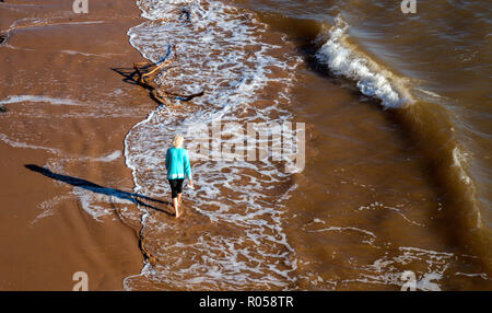 Honiton, Devon. 2. Nov 2018. UK Wetter: eine Frau Paddel im Meer bei Sidmouth an einem sonnigen November Nachmittag. Foto Central/Alamy leben Nachrichten Stockfoto