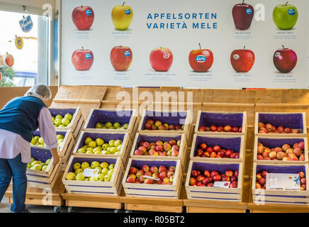 Frische Bauern äpfel Melinda an den lokalen Markt im Freien. Marlene, geboren 1995, ist einer der ersten und berühmtesten Marken der Apple Land Südtirol, n Stockfoto