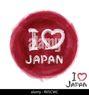 Realistische rot Aquarell Kreis mit Text ich Japan lieben. Sehen aus wie die japanische Flagge. Tourismus Konzept. Vektor. Stock Vektor