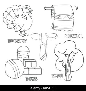 Kinder alphabet Malbuch Seite mit Umrissen Clip Arts. Buchstabe T Stock Vektor