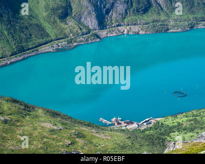 Blick über den Fjord Örnfjord, Käfigen der Lachszucht im Fjord, Straßen, von Fjordgard Grytetippen Wanderung bis zu Spitze, Insel Senja, Troms, Norwegen Stockfoto