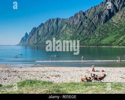 Strand Ersfjord Ersfjordstranden, Fjord, öffentlichen Erholungsgebiet, Sommer, Leute Schwimmen gehen, Blick auf die Bergkette Okshornan, Insel Senja, Troms, n Stockfoto