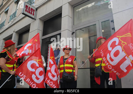 In den Streik Tati's Mitarbeiter protestieren gegen in Lyon, Frankreich Stockfoto