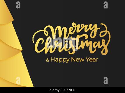 Frohe Weihnachten und guten Rutsch ins Neue Jahr Schrift auf schwarzem Hintergrund mit Verzierungen aus Gold Folie. Winterurlaub Postkarte in der modernen Noir Stil Stock Vektor