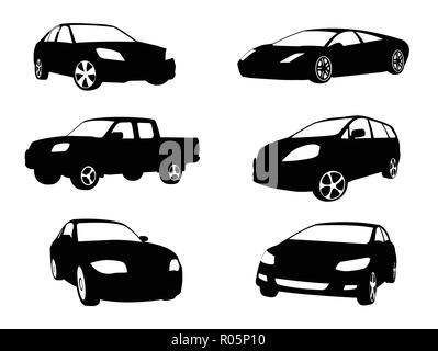 Sätze von Silhouette Autos Fahrzeugsymbol in isolierten weißen Hintergrund, Vector Illustration Stock Vektor