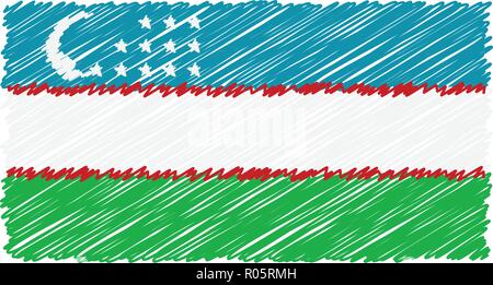 Hand gezeichnet Nationalflagge von Usbekistan isoliert auf einem weißen Hintergrund. Vektor Skizze Stil Abbildung. Stock Vektor