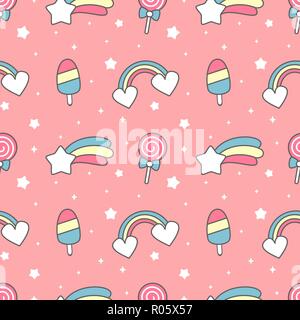 Cute cartoon Regenbogen, Comet, Eis, Sterne und Lollipop nahtlose Muster auf rosa Hintergrund Stock Vektor