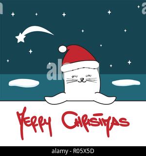 cute hand drawn lettering merry christmas vector card with cartoon baby seal with santa hat Stock Vektor