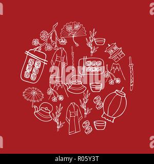 Doodle style Abbildung mit Japan Symbole. Stock Vektor