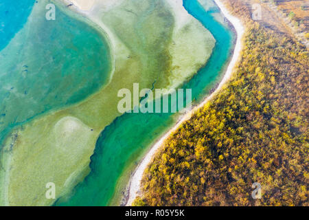 Isar, an der Zufluss in die sylvenstein See, Sylvenstein Stausee, drone Bild, Lenggries, Isarwinkel, Oberbayern, Bayern Stockfoto