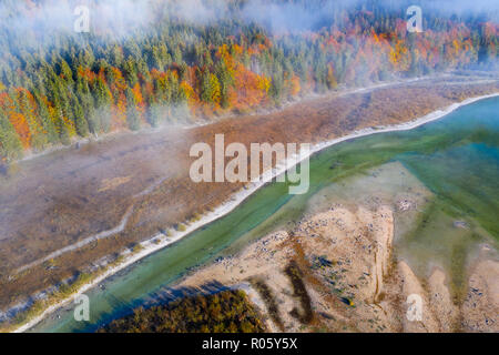 Isar, an der Zufluss in die sylvenstein See, Sylvenstein Stausee, drone Bild, Lenggries, Isarwinkel, Oberbayern, Bayern Stockfoto