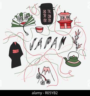 Doodle style Abbildung mit Japan Symbole. Stock Vektor