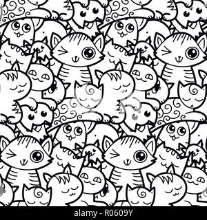 Lustige doodle Katzen und Kätzchen nahtlose Muster für Drucke, Designs und Malbücher. Vector Illustration Stock Vektor