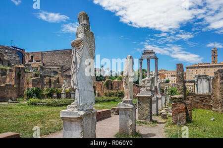 Römische Statuen auf der Website des Hauses der Vestals im Forum Romanum mit den drei verbleibenden korinthischen Säulen der Tempel von Castor und Pollux in Stockfoto