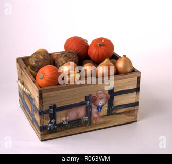 VON HAND GEMALTE HOLZKISTE MIT EINEM FÄRBLING AUF DER SEITE UND MIT FRISCHEN ROHEN KARTOFFELN, WEIßEN ZWIEBELN UND KLEINEN KÜRBISEN. AUSTRALIEN. Stockfoto