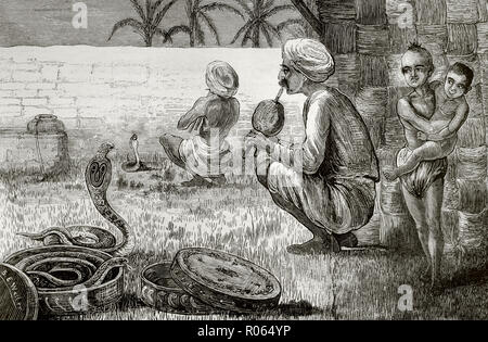 Reise des Prinzen von Wales nach Indien (zukünftige König Edward Vll). Bombay. Schlange Dompteure. Gravur. La Ilustracion Española y Americana, 15. Februar 1876. Stockfoto