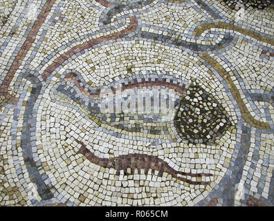 6357. Mosaikfußboden aus der byzantinischen Kirche in Khirbet Beit Lei oder Beth Loya, judäischen Bergland, Detail zeigt einen Fisch und Garnelen. Stockfoto