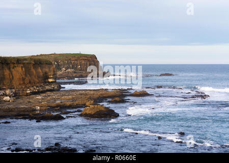 Blick auf Curio Bay, der südlichste Punkt der Catlins, Neuseeland. Schöne verlassene Umwelt mit einem tollen Ausblick auf die porpoise Bay, Stockfoto