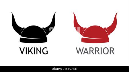 Logo mit Viking gehörnten Helm Silhouette auf weißem Hintergrund mit Bildunterschrift. Stock Vektor