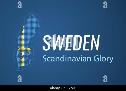 Schwedische kontur Karte in Farbe der Nationalflagge - Vector Illustration mit Titel und Motto auf dunkelblauem Hintergrund. Stock Vektor