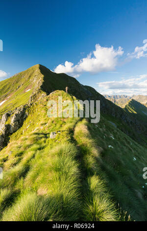 Auf steilen Grat auf der Aufstieg zum Monte Azzarini, San Marco Pass, Albaredo Tal, Bergamasker Alpen, Lombardei, Italien, Europa Wanderer Stockfoto